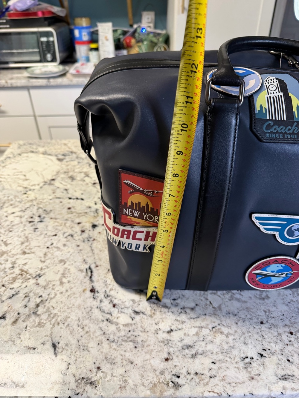 Coach Navy Leather Duffel with Colorful Travel Patch Accents - Picture 12 of 12